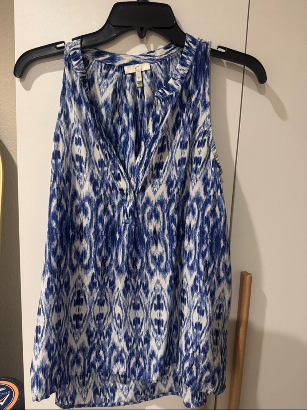 Joie Blue and White Sleeveless Ikat Print Blouse